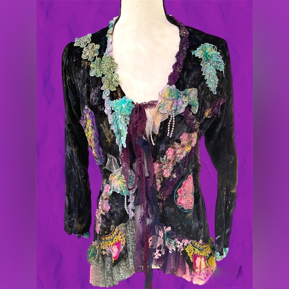 Vintage inspired extra shabby jacket in woodland pixie hues. Medium to 40” bust